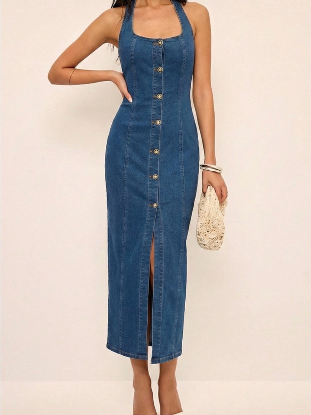 Commense Denim Halter Button-Front Midi Dress - Blue